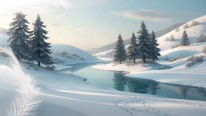 Obraz premium Serene snowcovered landscape featuring frozen river and trees with mountain scenery