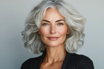 mature woman with curly silver hair in soft natural light skincare beauty cosmetics portrait