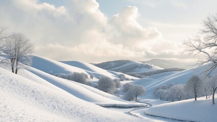 Tranquil snowy landscape with mountain hill environtment background