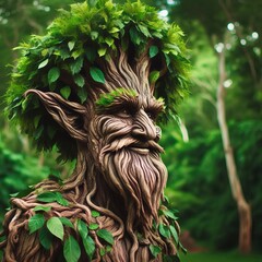 Tree person hybrid with leafy hair bark like skin and a wise gro