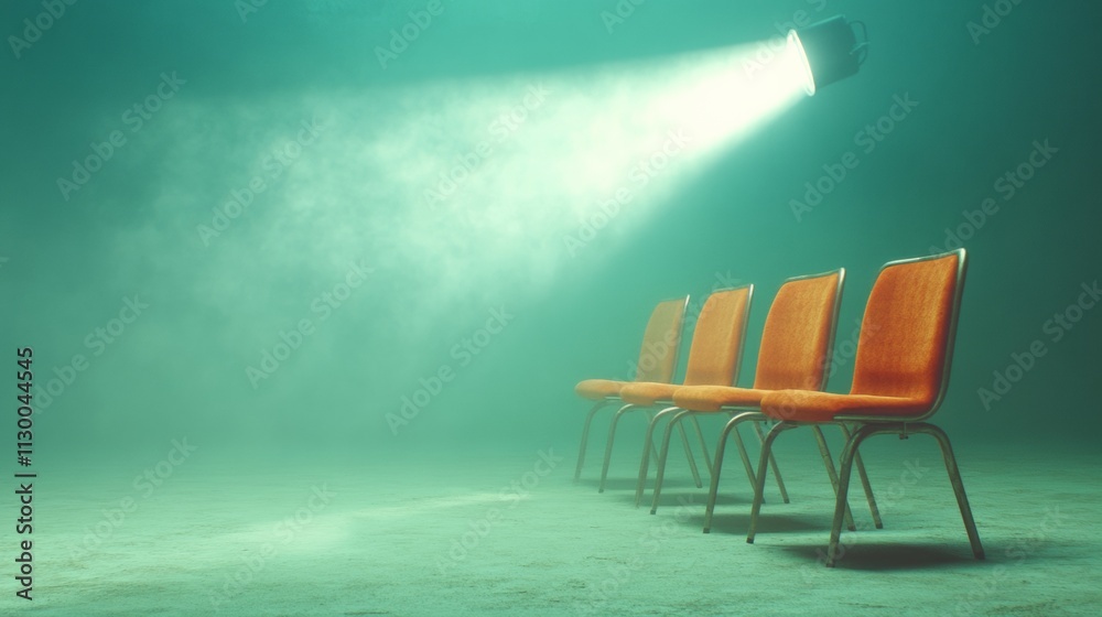 Poster surreal cinema setting with empty chairs and projector light beam
