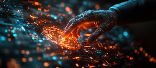 Businessman in Dark Suit Uses Holographic Interface to Enhance Automation Efficiency with Robotics and AI for Streamlined Operations