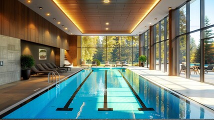 Fototapeta premium Luxurious indoor swimming pool with a sleek, contemporary layout and sunlight flooding in through floor-to-ceiling windows