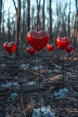 Obraz premium Red Glass Hearts Blooming in a Winter Forest.