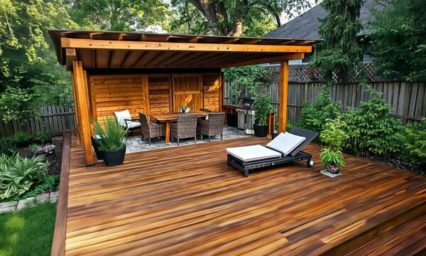 Luxurious outdoor deck with wooden pergola, seating, and built-in shed.