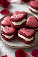 Fototapeta premium Delicious Red Velvet Heart-Shaped Cookies with Cream Cheese Filling, Perfect for Valentine's Day.