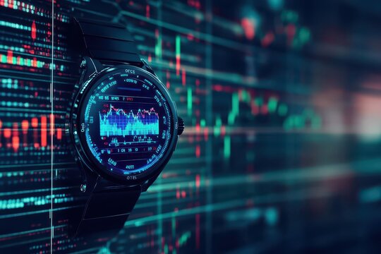 A hightech watch displaying live stock market updates in holographic numbers, 3D Design, Sleek and Minimalistic