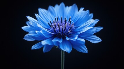 Fototapeta premium Extreme close-up of a cornflower, showcasing its vivid blue petals and spiky structure against a black background.
