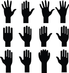 Obraz premium Black Hand Silhouettes Vector Art: Graphic Illustration of Human Hands in Various Poses for Design Elements and Creative Projects