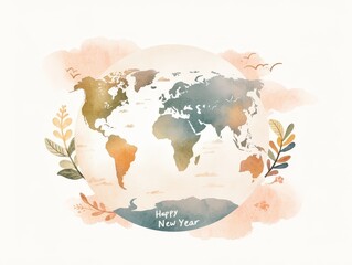 Naklejka premium A watercolor illustration of a world map adorned with soft colors and floral elements, conveying a joyful New Year greeting.
