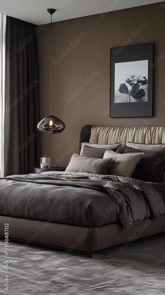 Poster This inviting bedroom showcases a plush bed adorned with an array of soft pillows and stylish throws. Natural light filters through dark curtains, creating a tranquil atmosphere