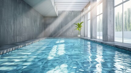 Obraz premium Modern indoor swimming pool with a sleek, contemporary aesthetic and sunlight pouring in through expansive windows