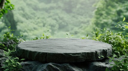 Obraz premium 3D illustration of a stone podium on a rugged rock platform, surrounded by lush greenery and a softly blurred forest background.