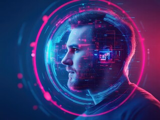 Obraz premium A man trapped inside a holographic bubble showing overlapping scenes from his past and future, cinematic, scifi, neon lighting