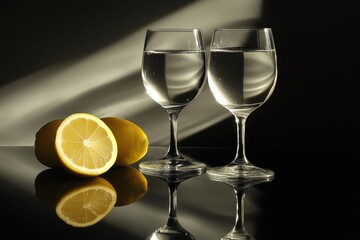 Two wine glasses filled with water, lemons nearby, dramatic lighting. Perfect for concepts of refreshment, purity, or healthy lifestyle.