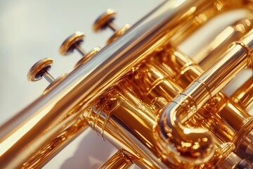 A shiny brass trumpet with intricate valves and tubing