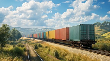 Obraz premium A cargo train loaded with shipping containers moving through a rural landscape. 