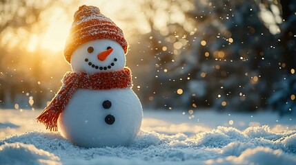 Obraz premium Cheerful Snowman Amid Snowy Forest Landscape with Frosted Trees and Falling Snow