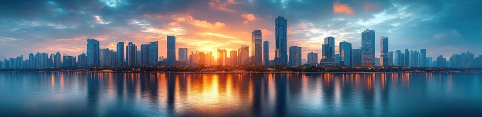 Obraz premium Panoramic View of Modern Skyscrapers and Waterfront at Sunrise