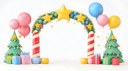 Colorful Christmas Arch with Balloons and Gifts, Festive Atmosphere for Holiday Celebrations, Perfect for Party Decor and Seasonal Events