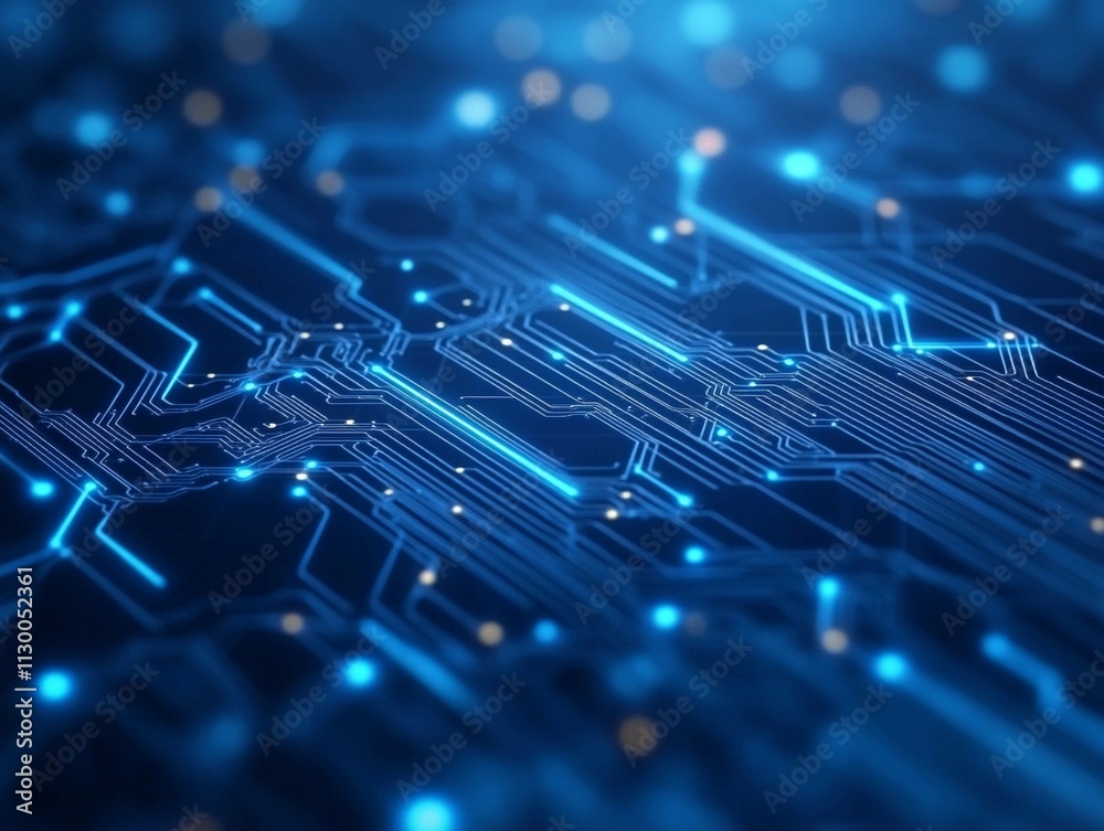 Poster exploring the intricate patterns of electronic abstraction in blue light on a circuit board. generat