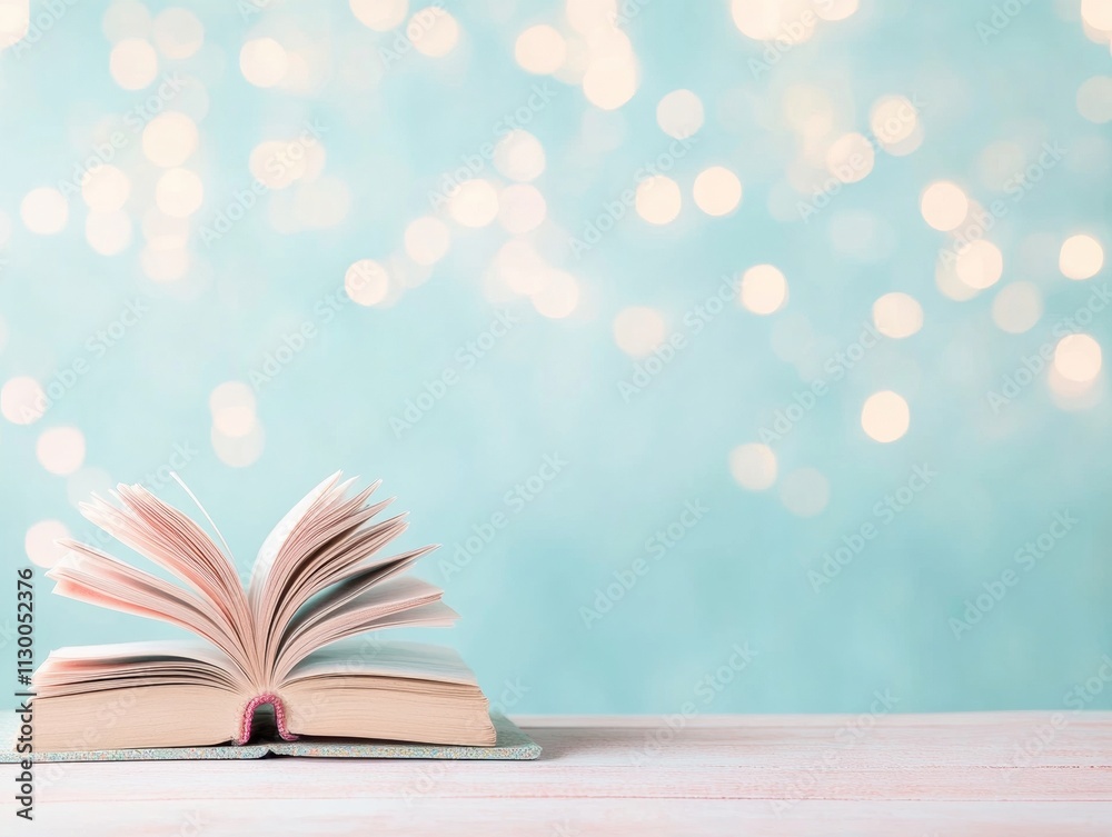 Poster dreamy pastel study open book with soft bokeh lights