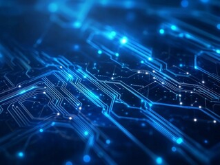 Exploration of electronic abstraction showcasing intricate blue circuit patterns illuminated by glowing lights. Generative AI