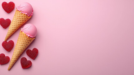 valentine ice cream concept. Delicious ice cream in heart shaped cones with candy hearts