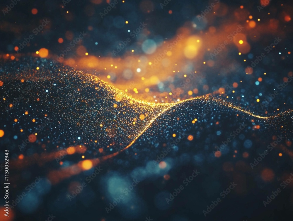 Poster shimmering particles creating a mesmerizing wave pattern in a dark background filled with glimmering