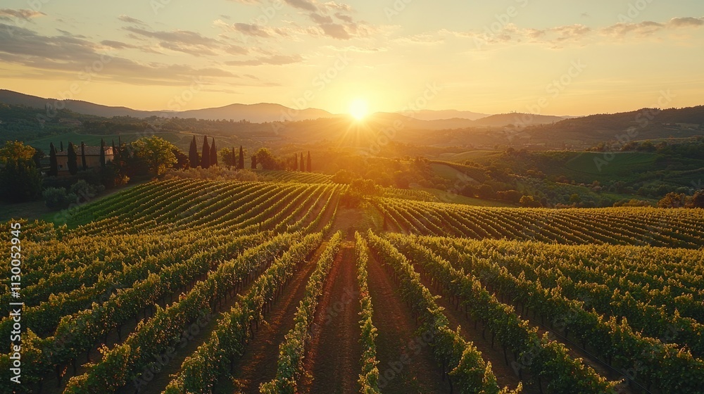 Poster as the sun sets over the rolling hills of tuscany, the vineyards bask in golden hues, creating a tra