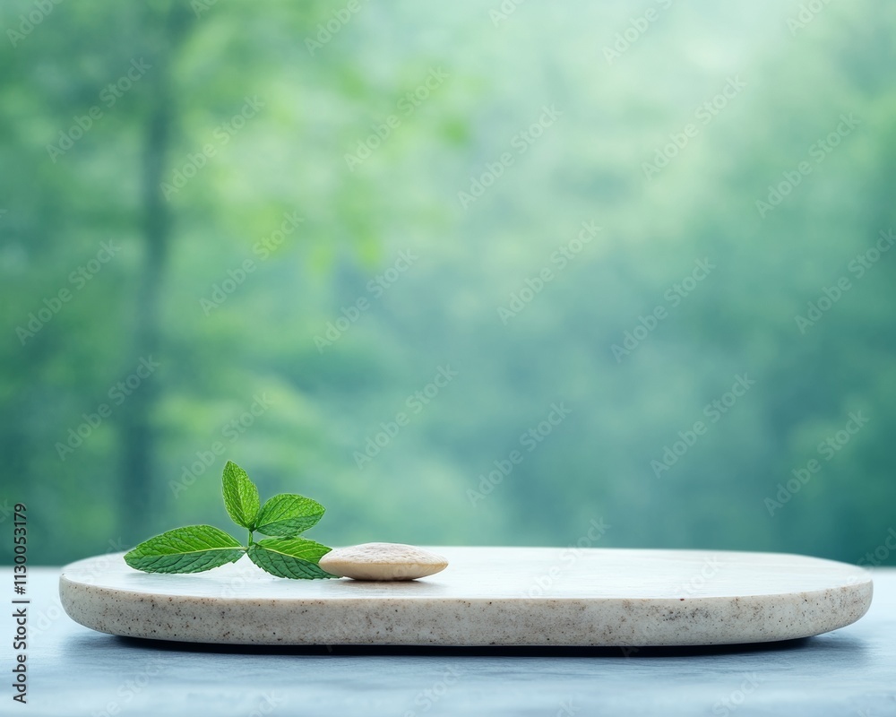 Aufkleber minimalist culinary display on natural stone with fresh herbs in soft light