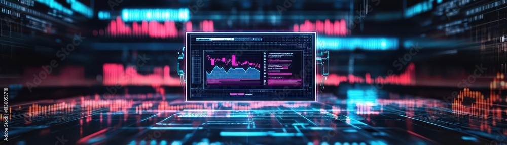 Poster a sleek ai assistant displaying financial advice on a virtual screen, surrounded by futuristic gadge