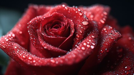 Macro shot of a single red rose petal with dew droplets, captured in extreme close-up against a black background.