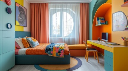 Fototapeta premium A colorful bedroom with a bed, desk, and chair
