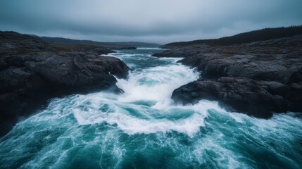 Obraz premium Dramatic Ocean Waves Crashing Through Rocky Coastline