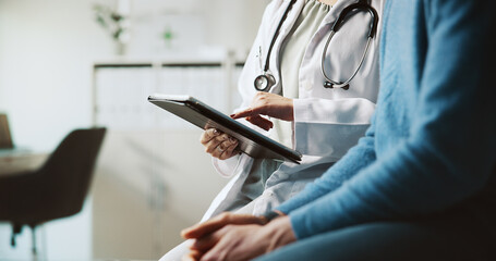 Hands, doctor and patient with tablet, explain and conversation with feedback for diagnosis....