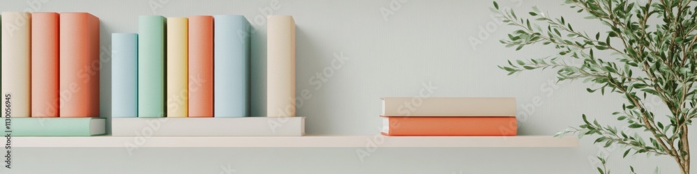 Poster serene library corner with books and minimalist decor in warm light
