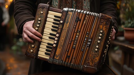 Traditional accordion being played by a musician outdoors