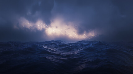 Fototapeta premium Thunderstorm Over a Dramatic Ocean with Crashing Waves and Striking Lightning in a Dark and Moody Atmosphere