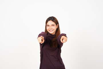 Smiling pointing at you or camera, i want you gesture Of Beautiful Asian Woman Isolated On White Background