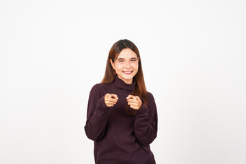 Smiling pointing at you or camera, i want you gesture Of Beautiful Asian Woman Isolated On White Background