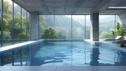 Fototapeta premium Modern indoor swimming pool with clean lines and natural light flooding in through large windows