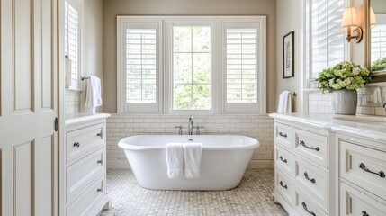 Fototapeta premium Elegant Modern Bathroom with Freestanding Bathtub and Natural Light