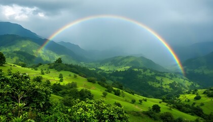 Fototapeta premium Rainbow arching over lush green mountain landscape after rain, creates a colorful scene. Scenic view of a rainbow over mountains against sky. Intense rainbow over the forest