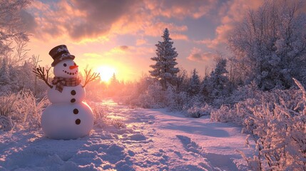 Obraz premium A cheerful snowman stands in a snowy landscape at sunset. Perfect for winter, holiday, or seasonal designs.