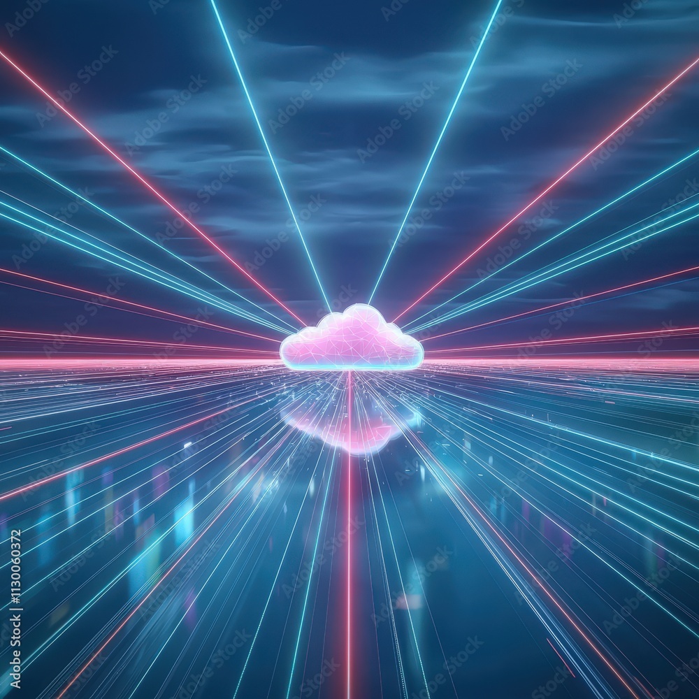 Poster a cloud computing scene with ai beams scanning files from various devices.