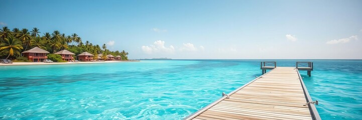 Fototapeta premium Scenic view of wooden platform extending into crystal clear Caribbean sea, serene, natural beauty