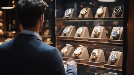 A man browsing luxury watches in a high-end boutique, back view, watches sparkling under lights