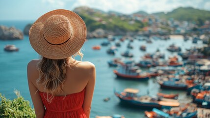 Fototapeta premium Woman wearing straw hat overlooking a vibrant coastal harbor