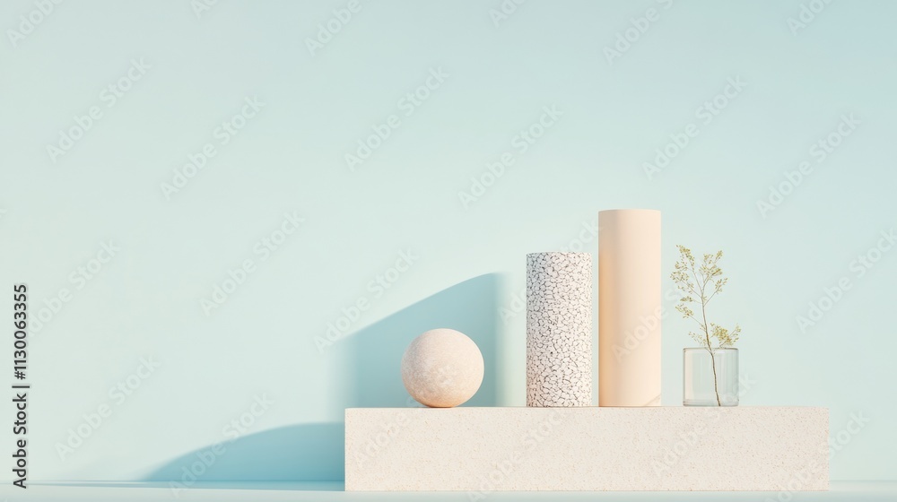 Poster Minimalist Still Life of Abstract Glass Objects on Reflective Surface in Muted Tones